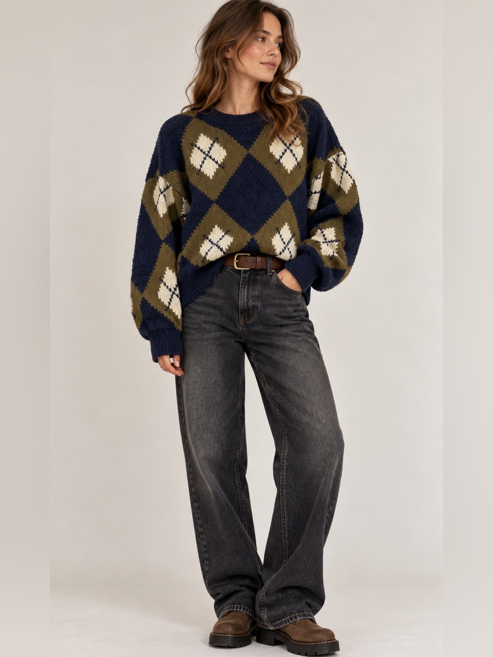 Vintage 90s Argyle Knit Sweater Navy Blue Olive Green Grandpa Cozy sz large